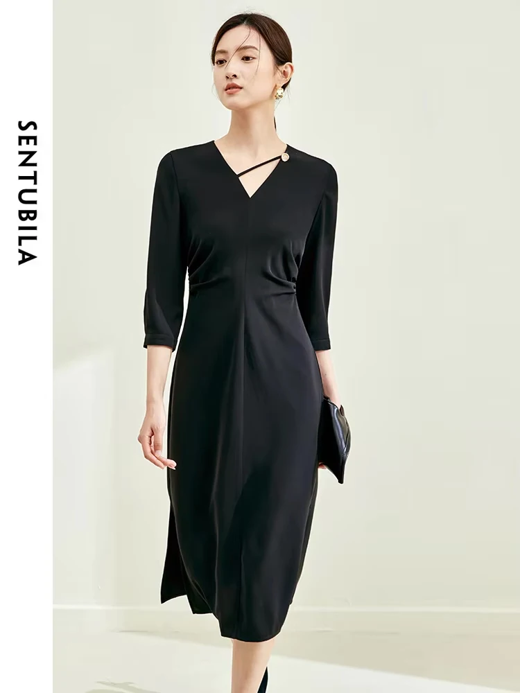 SENTUBILA Elegant Black Dresses for Women Autumn V-neck Slit Midi Office Lady Simple Three Quarter Sleeve Dress Woman 133L50418