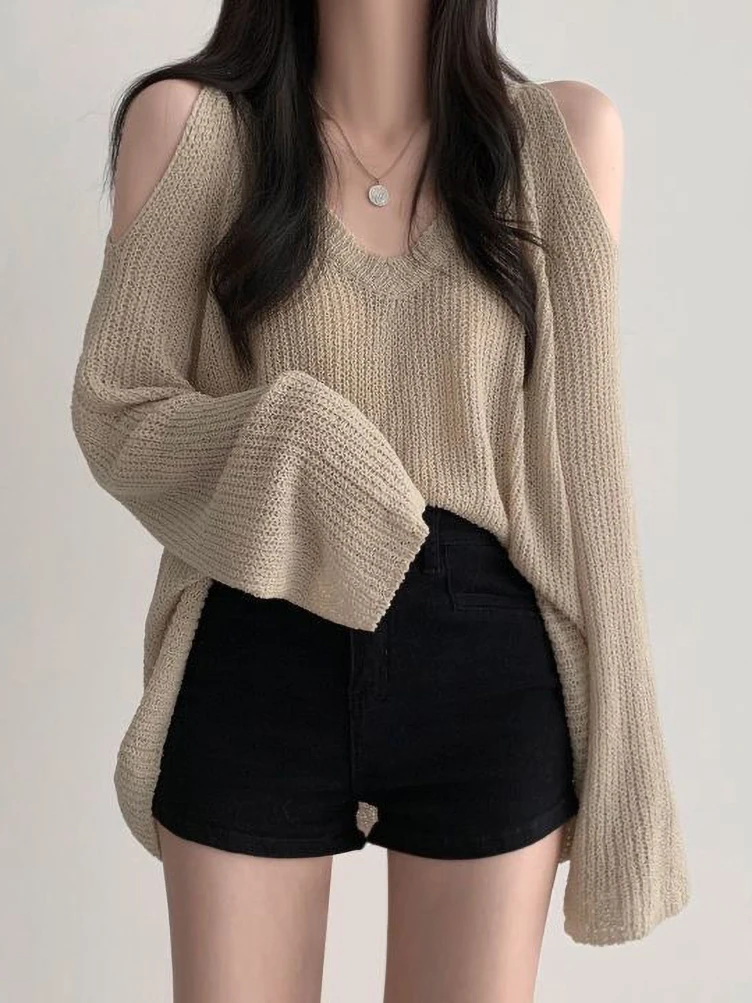 Korean Dongdaemun Off Shoulder Long Sleeve Sweater V-Neck Oversize Pullover Elegant Youth Sexy Knitwear 2024