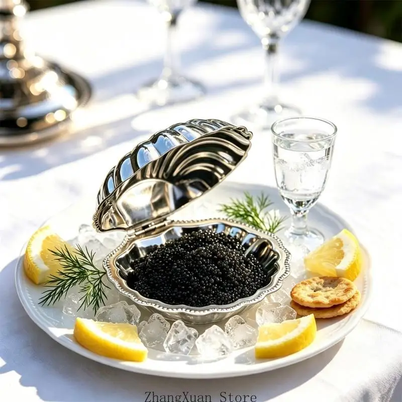 Scalloped Serving Container, 304 Metal Seafood Dish with Hinged Lid and Spoon for Condiments and Snacks at Dining Event 3XUF