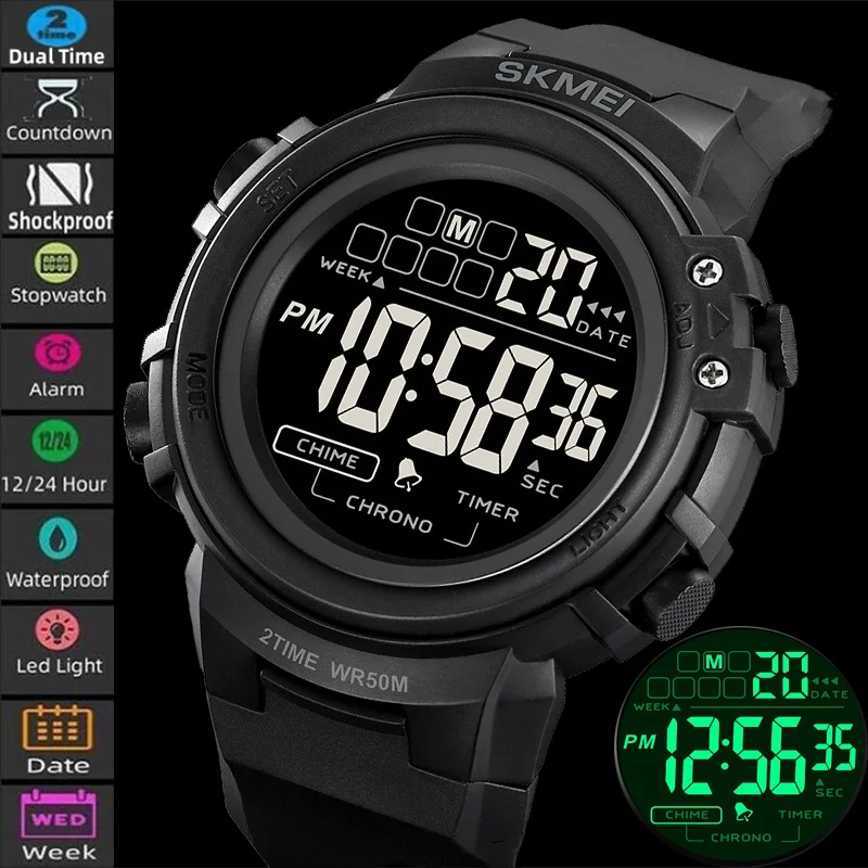 

Skmei цифровые часы с двумя часовыми поясами для мужчин, водонепроницаемые спортивные электронные наручные часы для плавания, светодиодный секундомер, мужской будильник