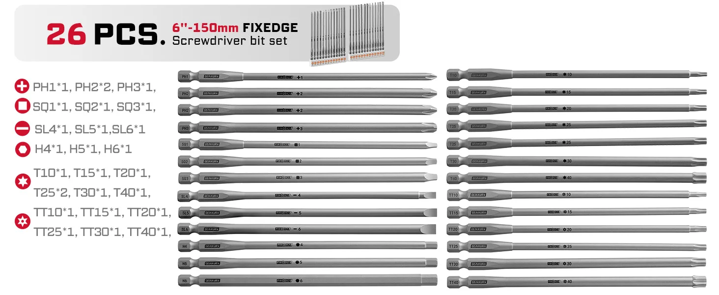Geinxurn 26-teiliges Schraubendreher-Bit-Set, 6' magnetische S2-Stahl-Mischbits mit Aufbewahrungsorganizer für Heimreparaturen und DIY – Detail 2