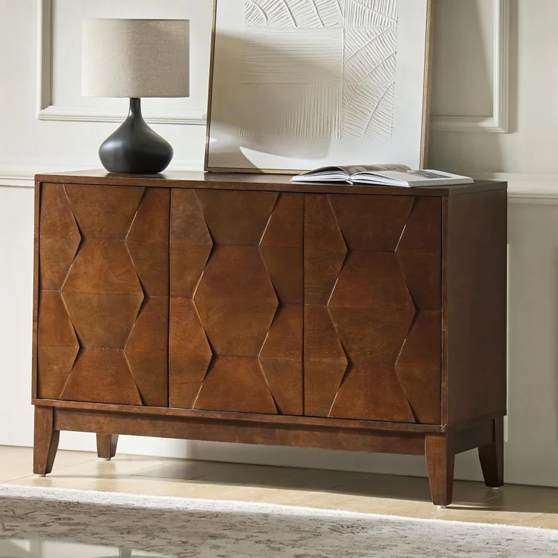 

Walnut Modern Sideboard Buffet Cabinet, 3D Geometric Design Freestanding Floor/3 & 2 Adjustable Shelves Living Room