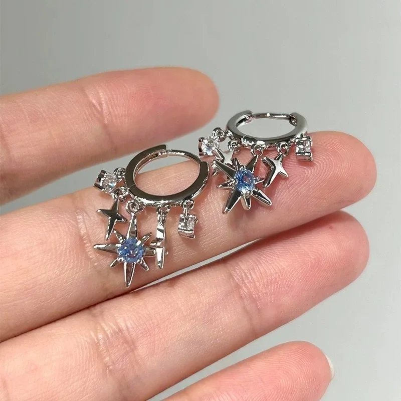 New Y2K Blue Zircon Star Tassel Pendant Earrings For Women Men Silver Color Ear Buckle Jewelry Gift Accessories