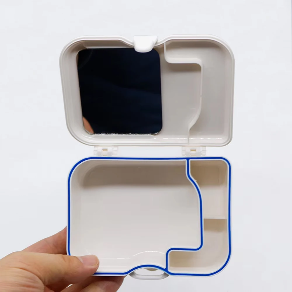Denture Bath False Teeth and Cleaning Brush Storage Box Case Container with Mirror and Toothbrush