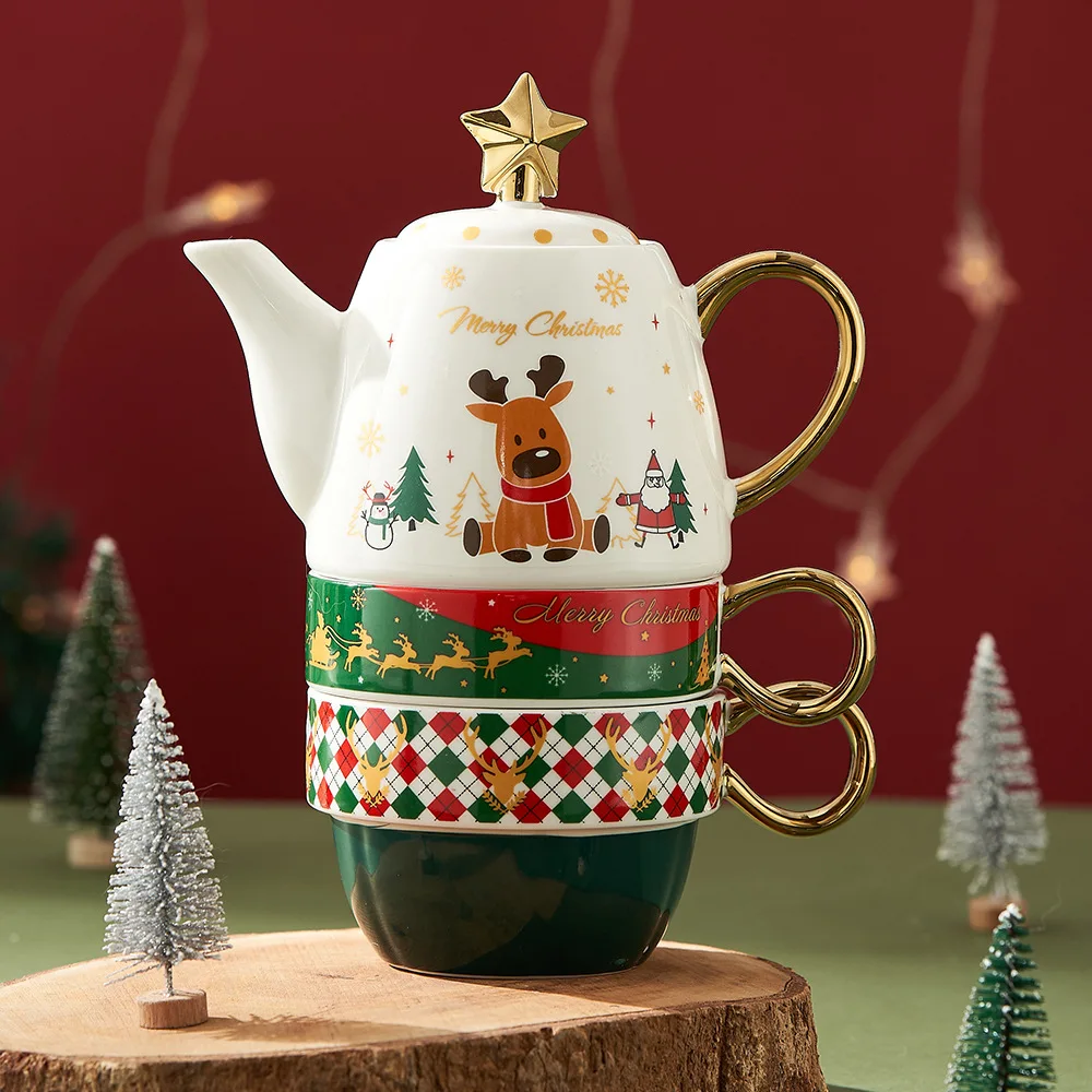 Christmas Teapot Mug Gift Decoration Set Drinkware Party Decoration Coffee Cup with Lid Cartoon Cute Ceramic Mug Tea Cup