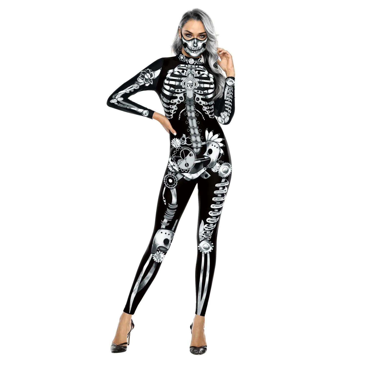 

Women Halloween Party Costume Skull Print Long Sleeve Jumpsuit Outfit Skeleton Costume Adults