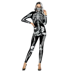 Women Halloween Party Costume Skull Print Long Sleeve Jumpsuit Outfit Skeleton Costume Adults