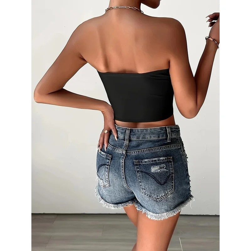 Gothic Red Heart Spider Web Graphic Bandeau Top Y2K Streetwear Strapless Crop Tube Top For Women