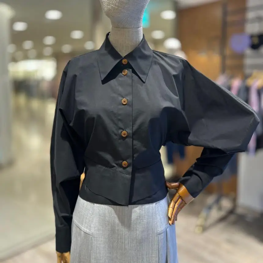 

Ladies White ort Waist-Cinching irt with Bow-Tie Long Sve Collar Cotton Commute Sle Loose Fit Warmth Function