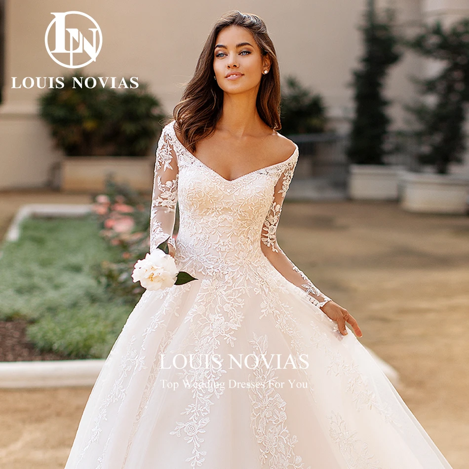 Louis Novias A-Linie Brautkleider für Frau 2024 Langarm V-Ausschnitt Applikationen Illusion Organza Brautkleid Vestidos de Novia