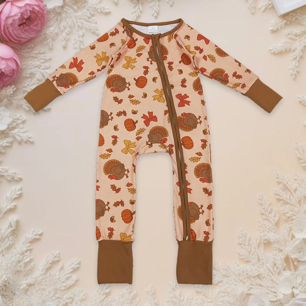 

Newborn Coverall Bodysuit Infant Baby Boy Bows Turkey Pumpkin Two Way Zipper Romper Long Sleeve Toddler Kids Clothes Wholesale