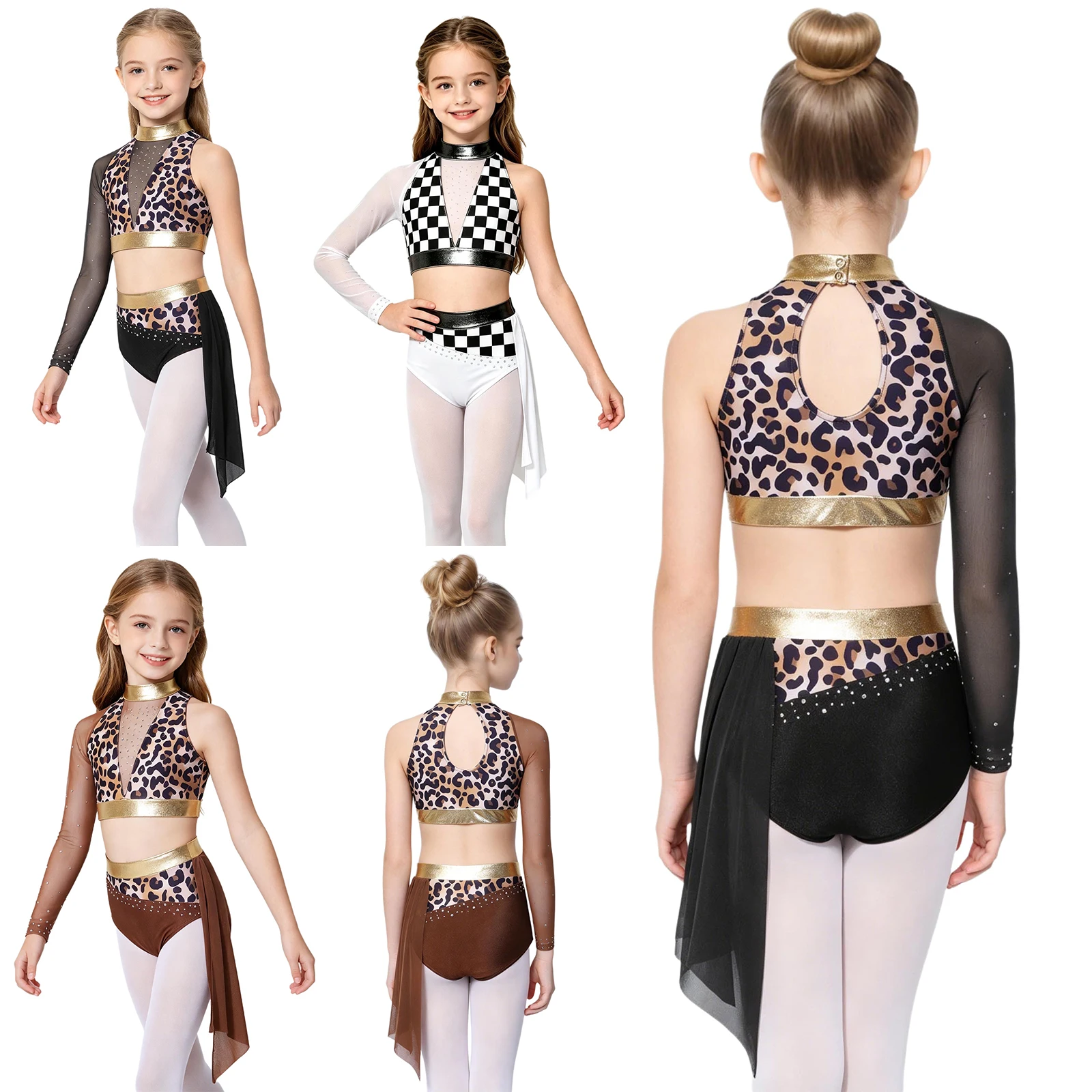 Kids Girls Dance Ballet Gymnastic Outfit One Shoulder Long Sleeve Mesh Patchwork Tops with Briefs for Performance Competition