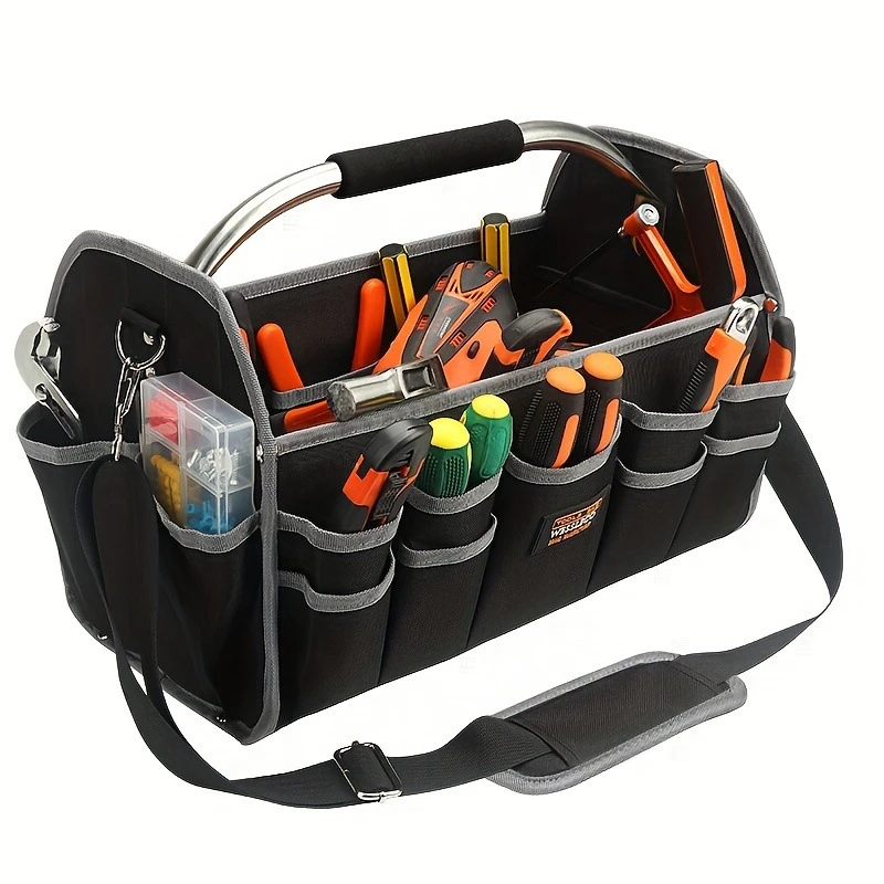 

40x27x22cm 20kg Capacity Multi Functional Tool Bag Heavy Duty Black Organizer with Stainless Steel Handle Adjustable Shoulder