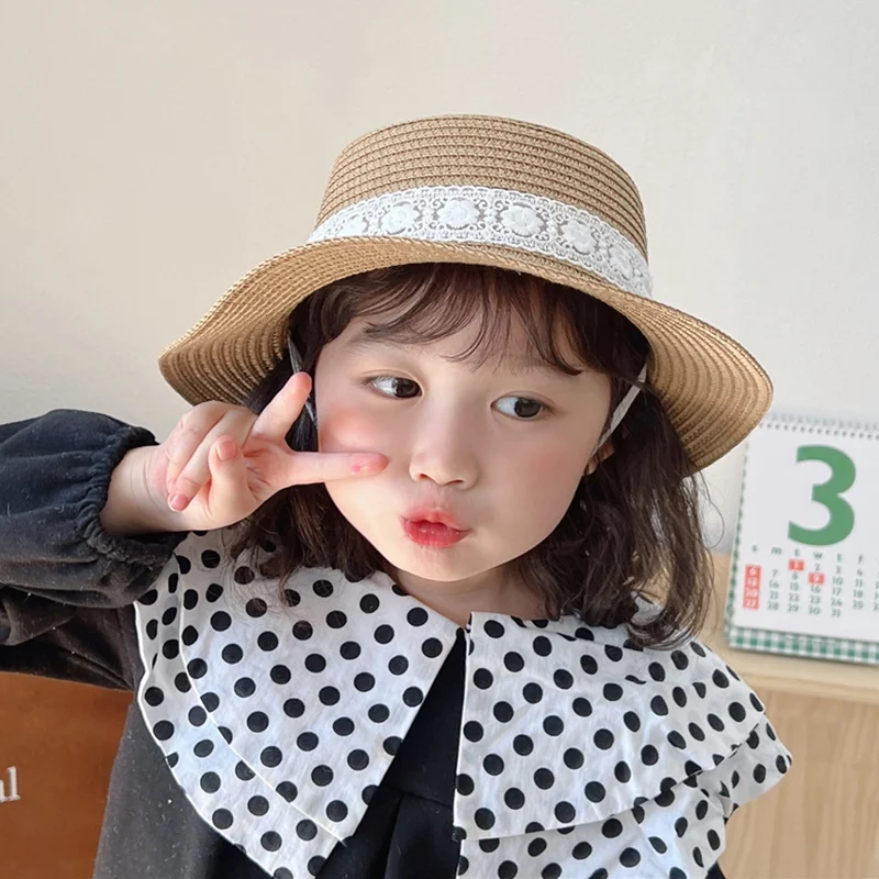 Fashion Baby Panama Straw Hat Woven Hat Sun Protection Lace Cap Kids Girls Princess Collapsible Beach Cute Infant Bucket Hats