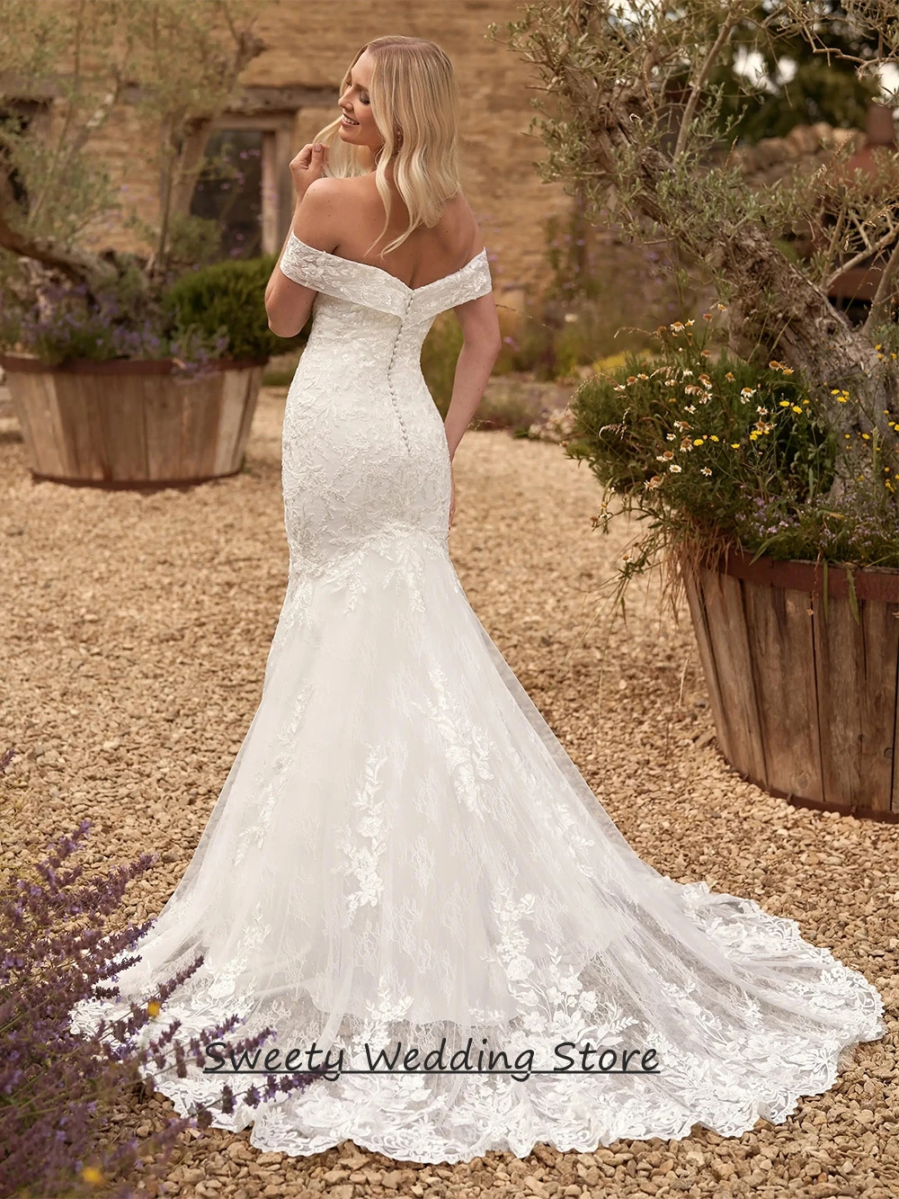 Customized Off The Shoulder Wedding Dress New Arrival V Neck Lace Applique Woman Mermaid Bridal Gown Sweep Train Robe Mariee