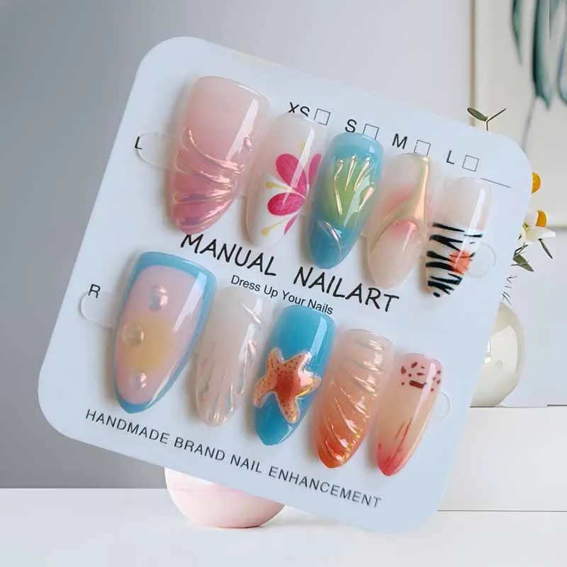เล็บปลอมลายฝรั่งเศสสไตล์มหาสมุทร 3 มิติ ลายปลาโลมาและปลาดาว จำนวน 10 ชิ้น พร้อมลายตาแมวน่ารักหวานๆ