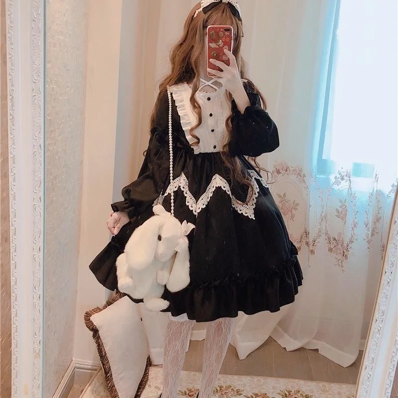 Vestido Lolita OP para mulheres, lindo vestido de fada adolescente, guarnição de renda, Harajuku japonês, boneca de mangas compridas, Alice Princesa