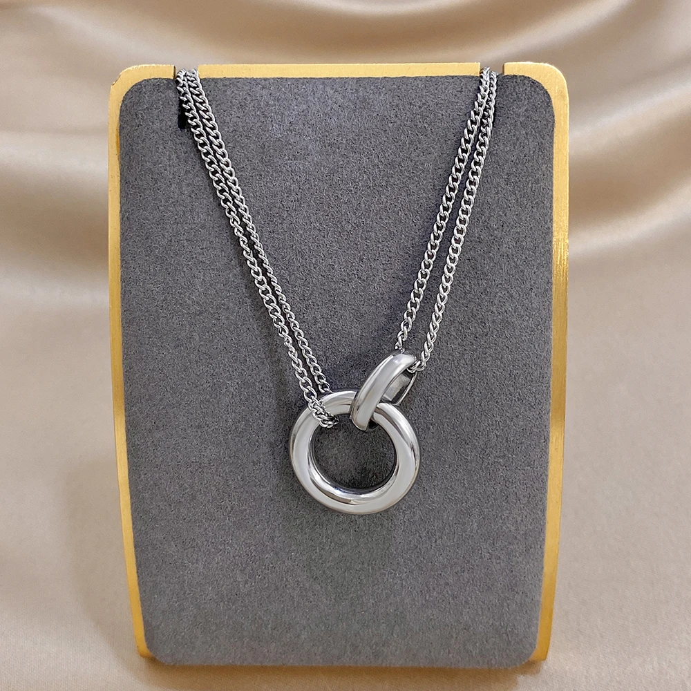 Minimalist Gold Silver Color Stainless Steel Necklace for Women Men Double Circle Thick Chain Choker Necklaces Charm Jewelry