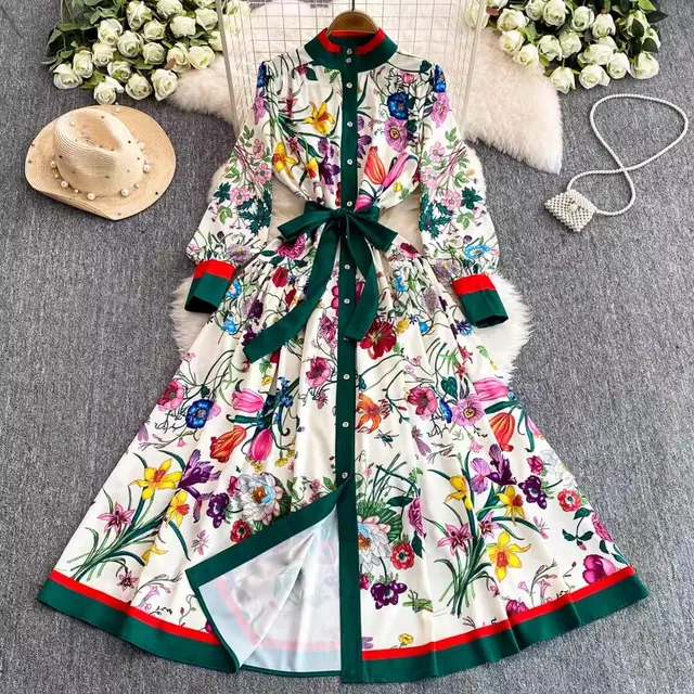Vestido largo holgado con cuello de camisa de pasarela para mujer, Vestido largo holgado con manga acampanada y estampado Floral, cinturón elegante para vacaciones, estilo bohemio