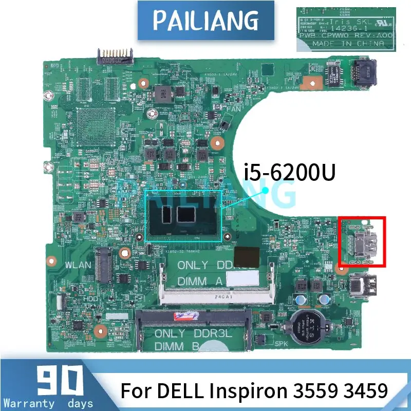 

For DELL Inspiron 3559 3459 i5-6200U Laptop Motherboard CN-030J5G 14236-1 SR2EY DDR3 Notebook Mainboard