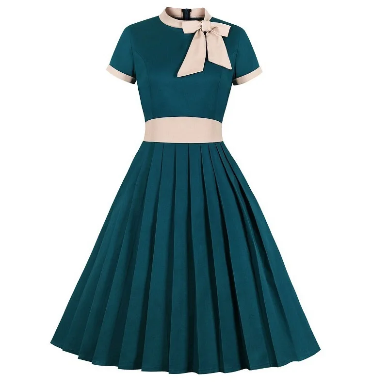 

Dress for Women Pleated Stand Up Collar Bow Large Size Short Sleeve Luxury Dress Women's Big Swing Skirt Summer Dress