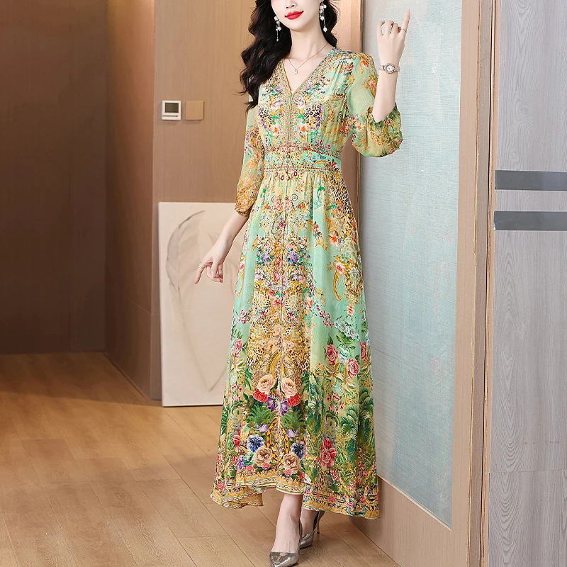 Summer 2025 Luxury Silk Diamonds Maxi Dress Women's Vintage Print Elegant Evening Prom Dress Spring Holiday Boho Hepburn Vestido