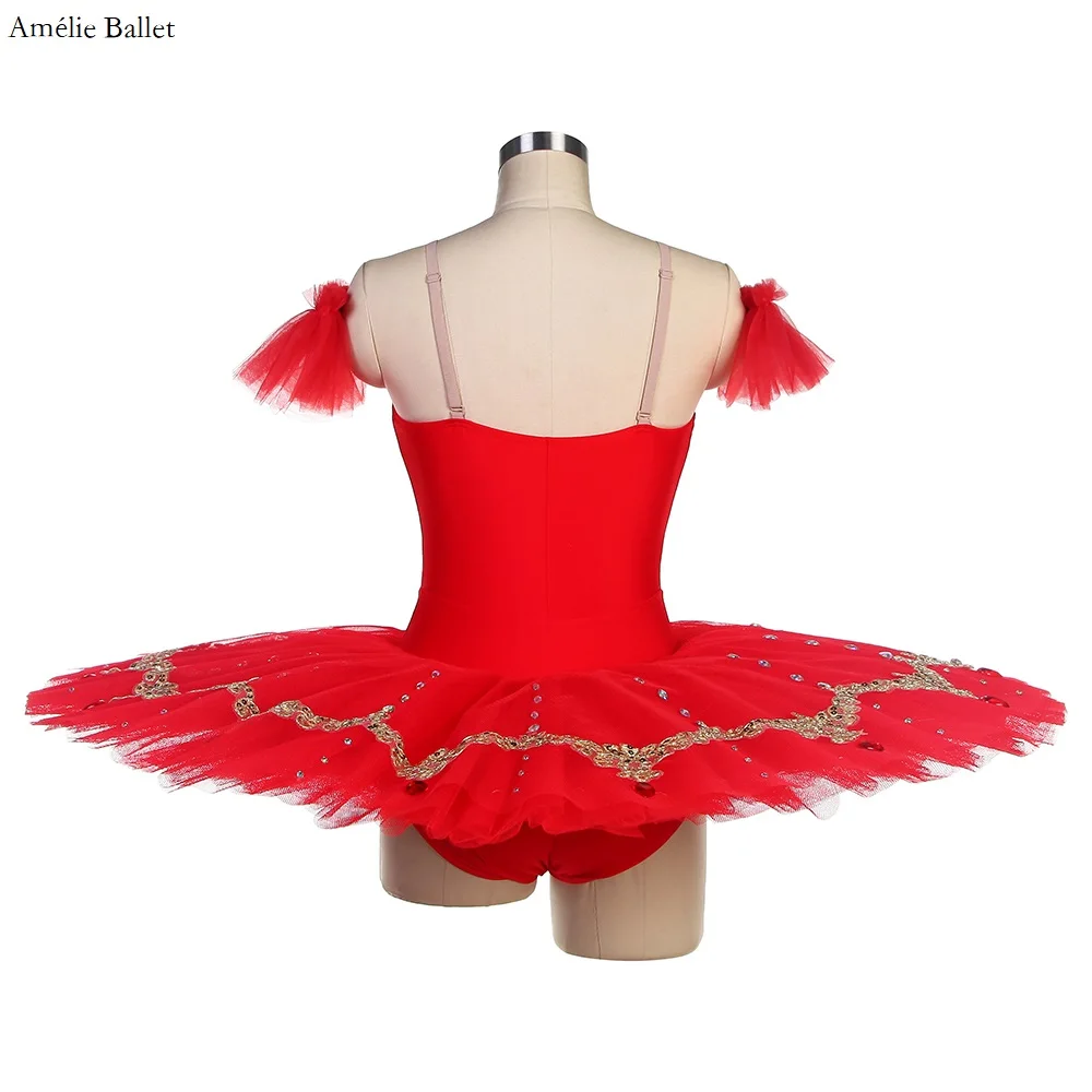 BLL553 Red Spandex Bodice Pre-professional Ballet PancakeTutu with Gold Trims Perforamcne Ballet Tutu Red Tulle Tutu