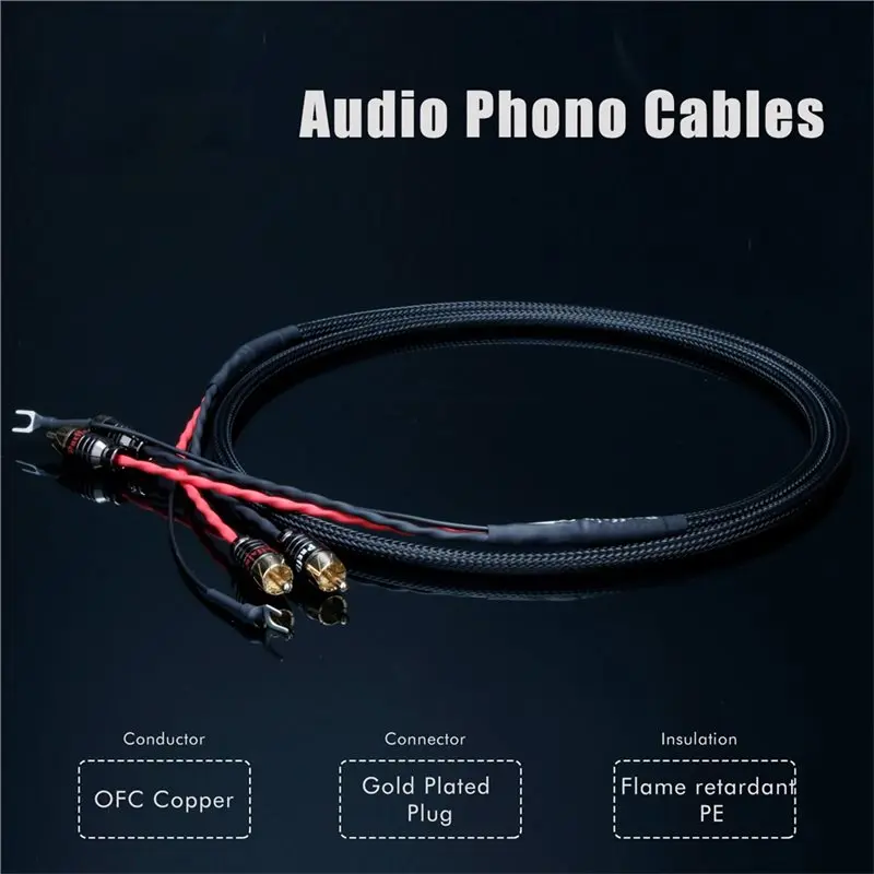 A42Z-Hifi RCA Phono Cable With Ground Wire Vinyl Record Player Cable OFC 2RCA To 2RCA Grounding Spade Plug For CD Amplifier