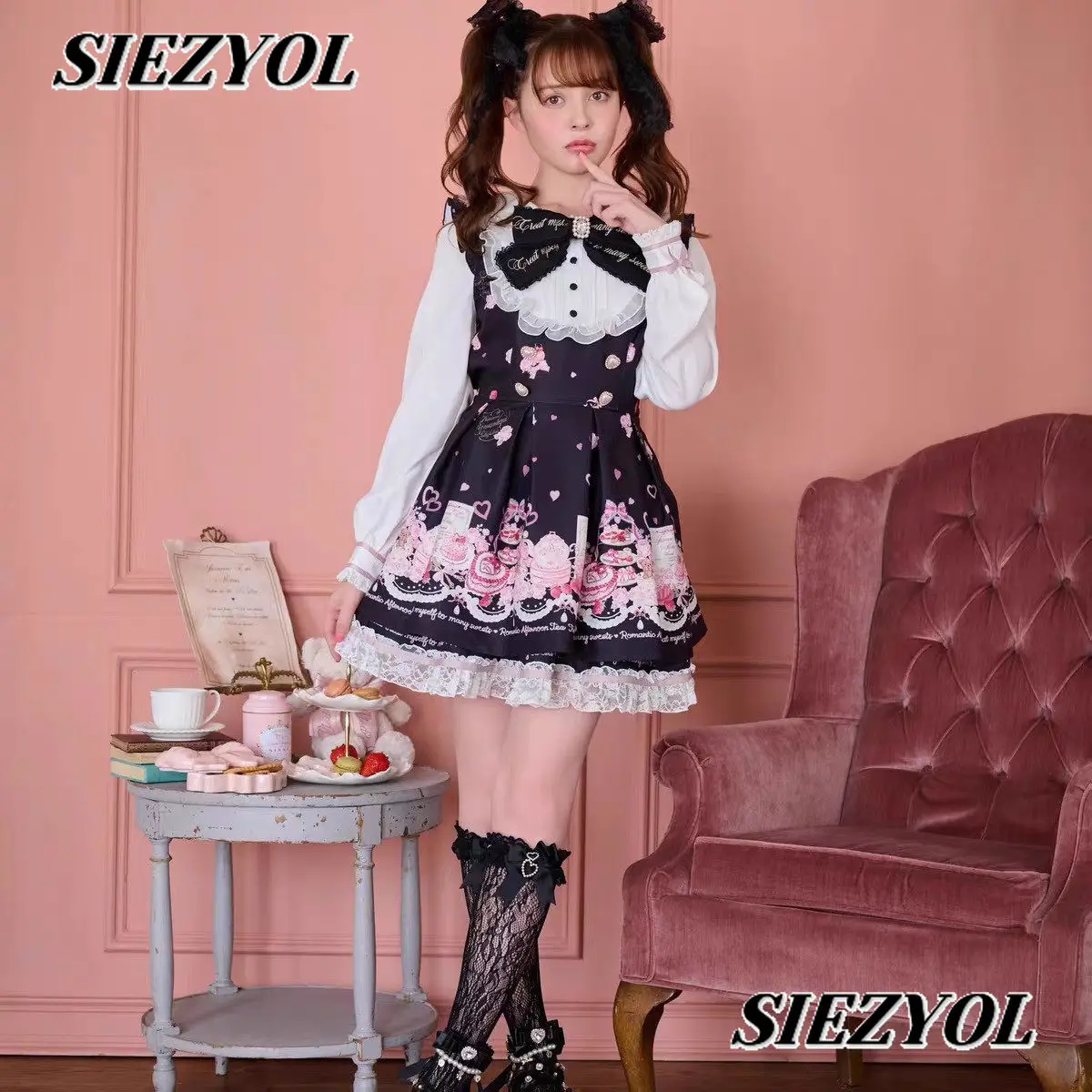 

Japanese Mine Sweet Navy Collar Waist Dress Autumn New Bow Cartoon Print Long-sleeved Dresses and Leggings Shorts Two Piece Sets