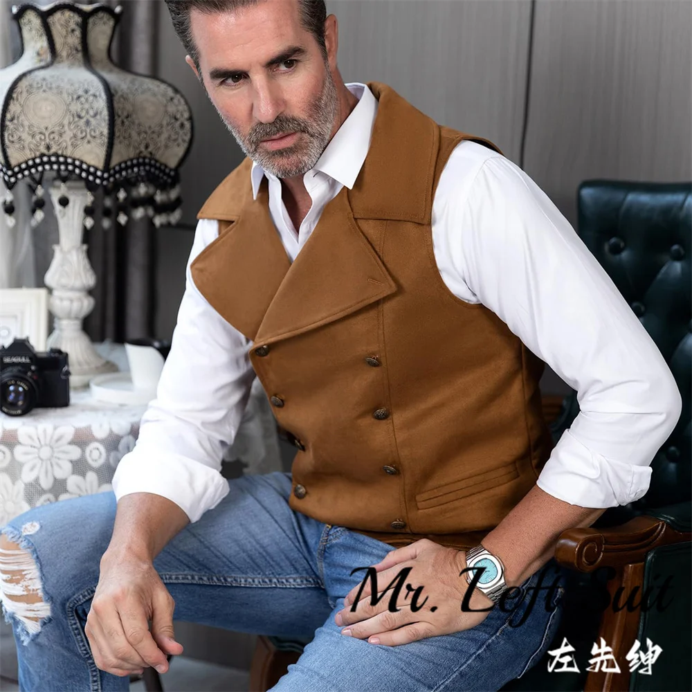 Mens Suit Suede Double Breasted Vest Classic Groomsmen Wedding Waistcoat Leather Big Lapel