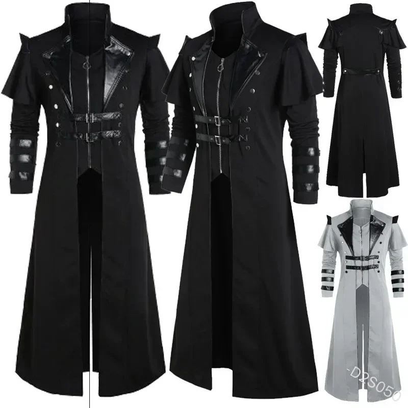 Image of Vintage Halloween Mittelalterliches Steampunk Assassinen-Elfen-Piraten-Kostüm für Erwachsene Männer Schwarze Lange Geteilte Jacke Gotische Rüstung Ledermäntel