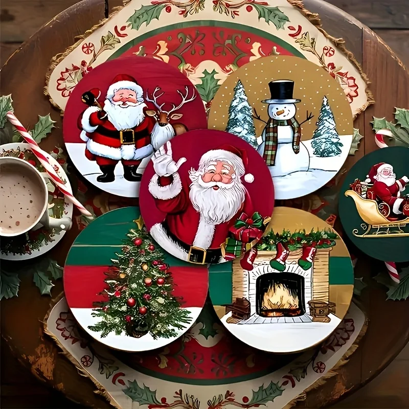 2D Christmas Elements 6PCS Wooden Coaster Lightweight Heat Resistant Tabletop Protection Home Party Decor Christmas Decor Gift