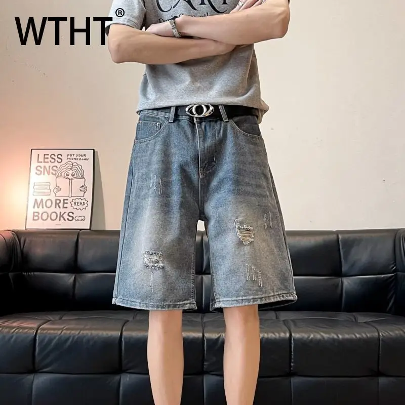 

WTHT Fashion Men's Hole Do Old High Street Denim Short Pants Vintage High-waisted Straight Shorts Male 2026 Summer 2A2926