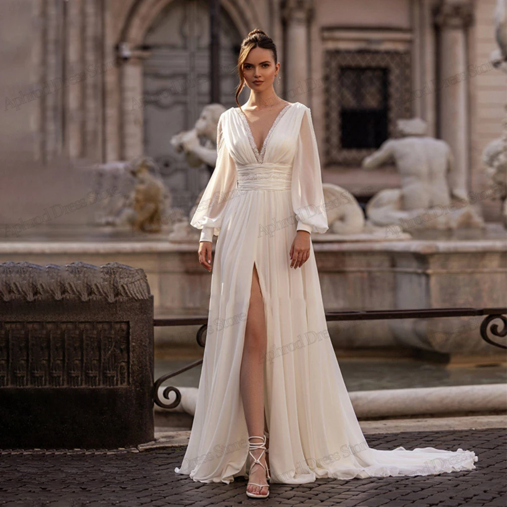 Graceful Wedding Dresses A-Line Chiffon Tiered Bridal Gowns Long Puff Sleeves Robe Deep V-Neck Vestidos De Novia 2025 Customized