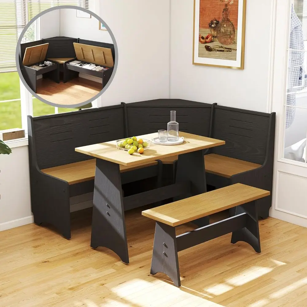 

L-Shaped 3-4 Seat Breakfast Nook with Hidden Storage - Space-Saving Dining Set in Black Wood