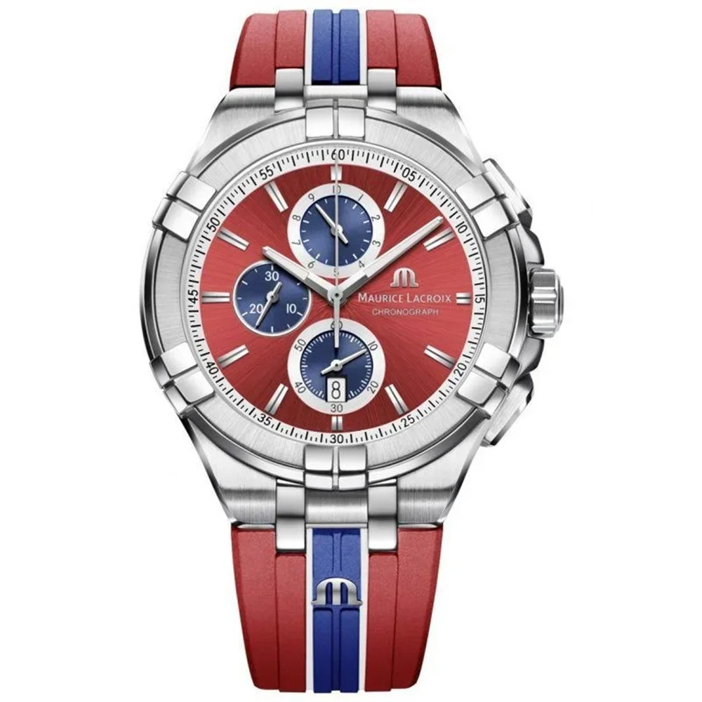 Maurice Lacroix Aikon Quartz Chronograph Special Edition Vikings 43MM Red Dial Red Rubber Strap Men Sport Wrist Watch Orologio