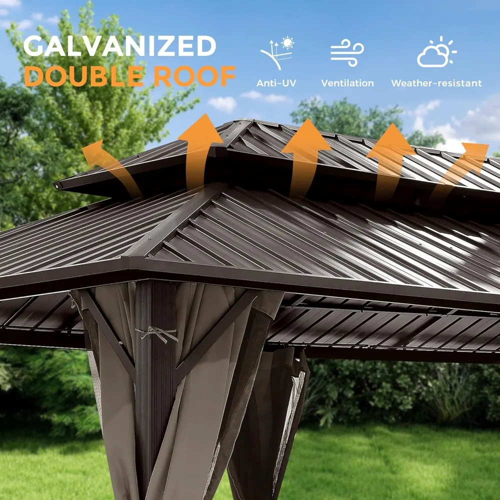 

10'x12' Outdoor Gazebo Hardtop Roof Double Galvanized Steel Canopy Aluminum Frame with Customizable Curtains