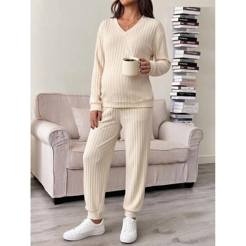 2-piece set, maternity with pockets, sweater, trousers, top set, autumn and winter women's casual and comfortable maternity clothes.