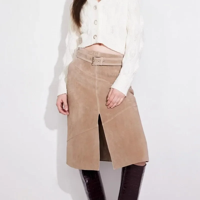 

Роскошная женская весенне-осенняя модная замшевая юбка из натуральной кожи, супер длинная юбка-русалка из натуральной овечьей кожи