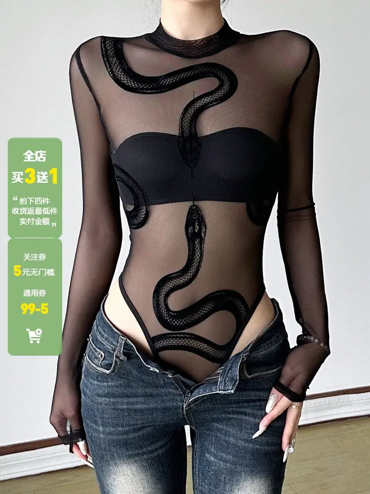 Women's Back Gothic Emo Snake Print Mesh Bodysuit T Shirt Women Sexy See Through Dance Tee Top Slim Y2k Basic Tops 2026 Summer