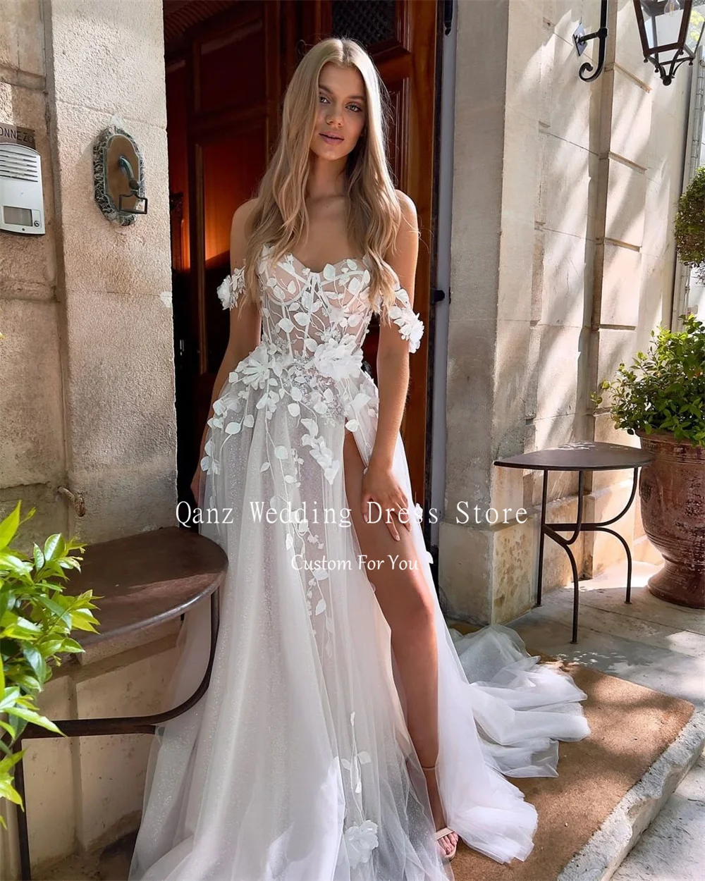 Qanz-vestidos De Novia con abertura alta para mujer, vestidos De Novia con mangas, escote Corazón, espalda abierta, batas De encaje delicadas, 2024