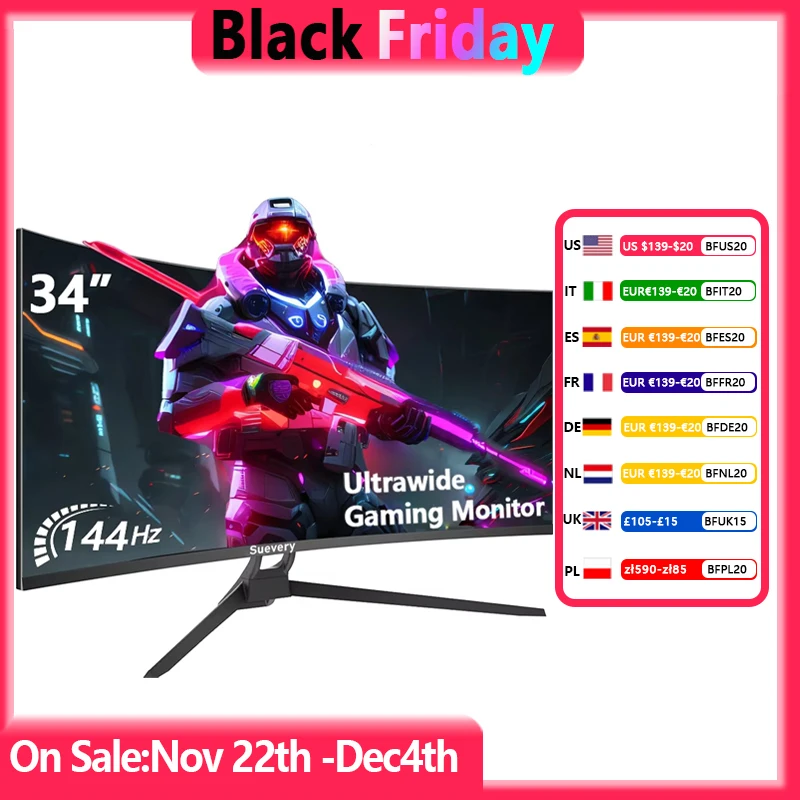 Suevery Monitor 34'' 144Hz Bandfish Screen Curved 1500R Gaming Bezel-less Slim 400HDR Nits 100% SRGB Wide Color Gamut FAsT VA Te