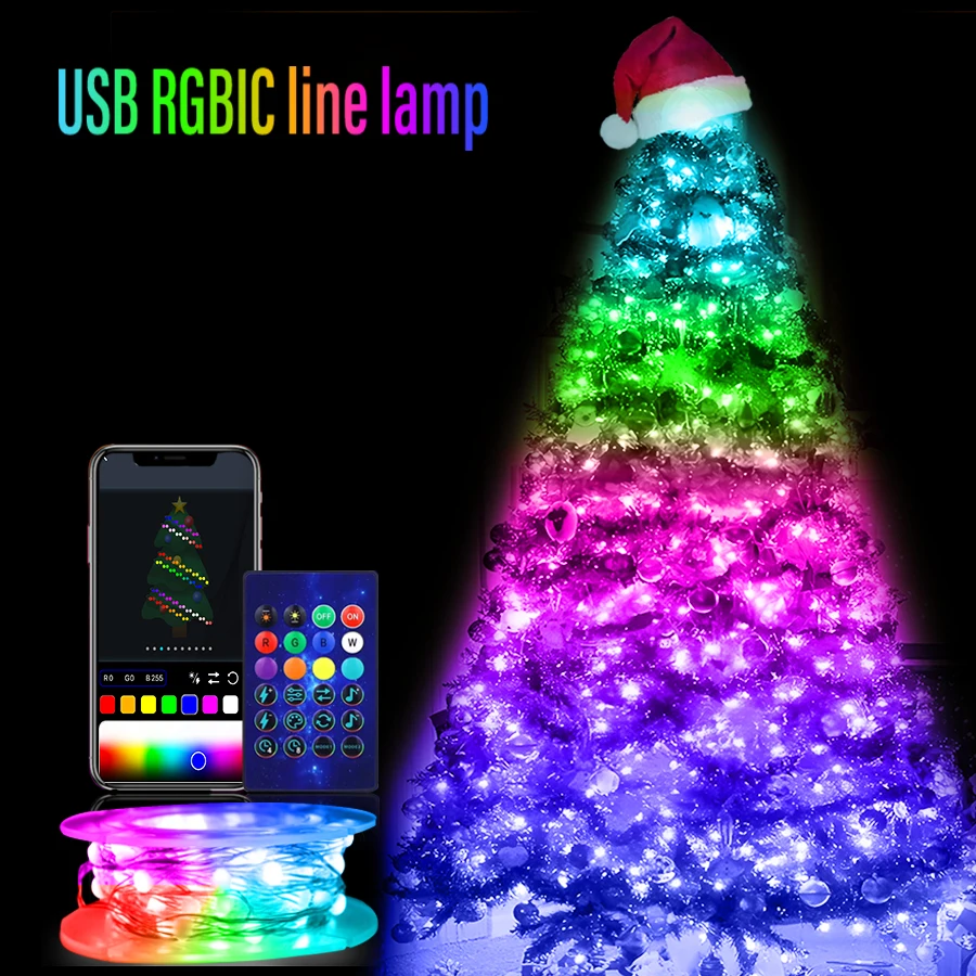 USB عيد الميلاد ضوء WS2812B بكسل RGBIC الجنية سلسلة USB الموسيقى حلم اللون DC5V LED جارلاند الزفاف حفلة عيد ميلاد الديكور