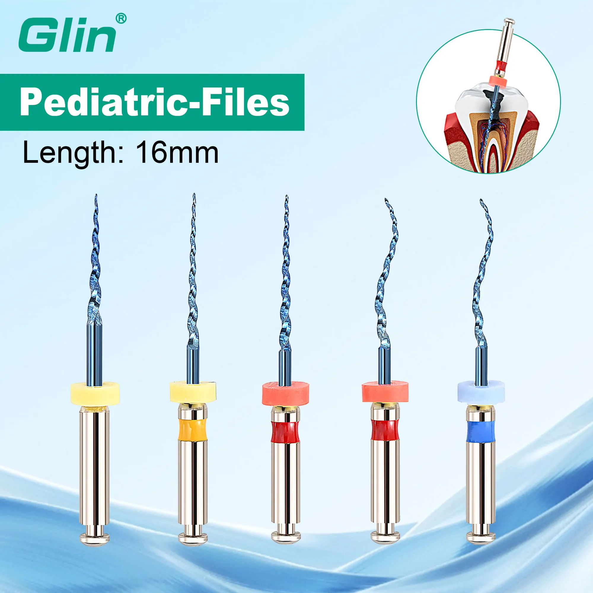Glin 5Pcs Pediatric Endodontic Files 16MM Dental Baby Endo Rotary Files 04/06 Taper For Child&Kids Use
