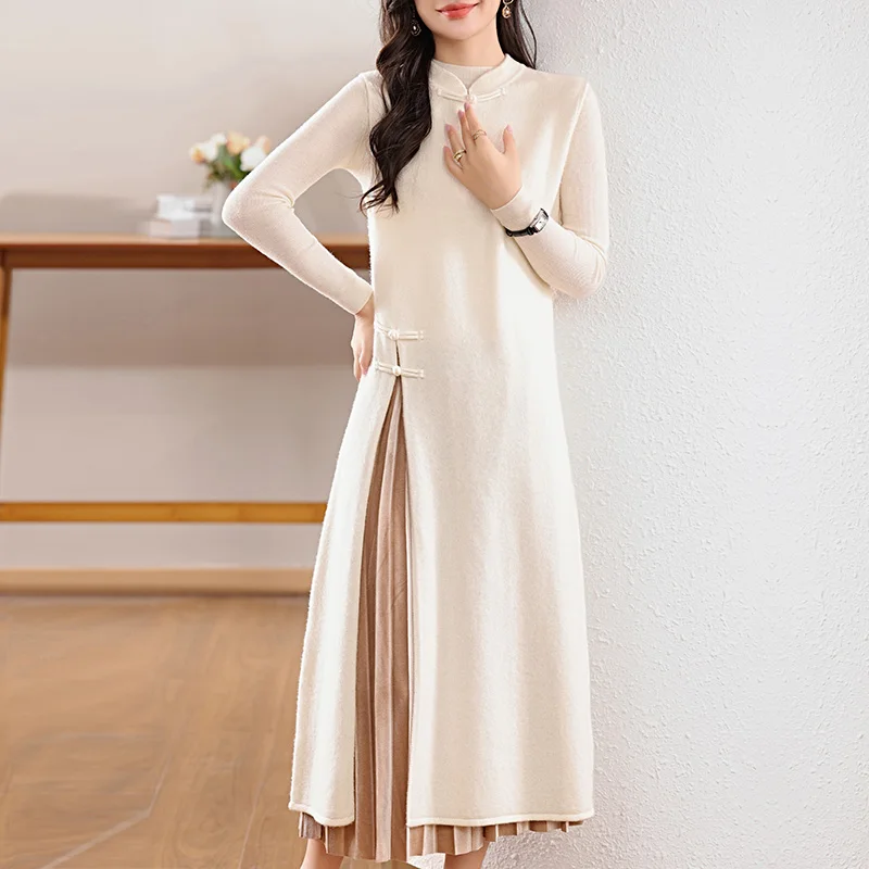 100% wool women's knitted vest, long, slit, cheongsam style, fashionable, popular, new autumn and winter 2024