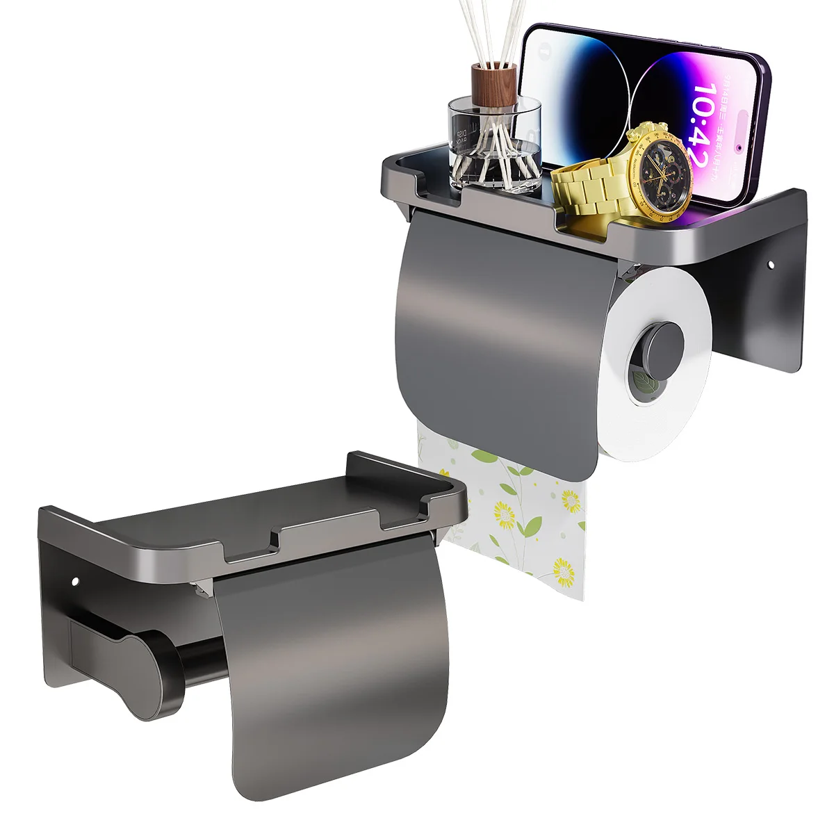 Aluminum Toilet Paper Holder with Phone Shelf Wall Mount Rustproof Tissue Storage Hanger for Bathroom Shower
