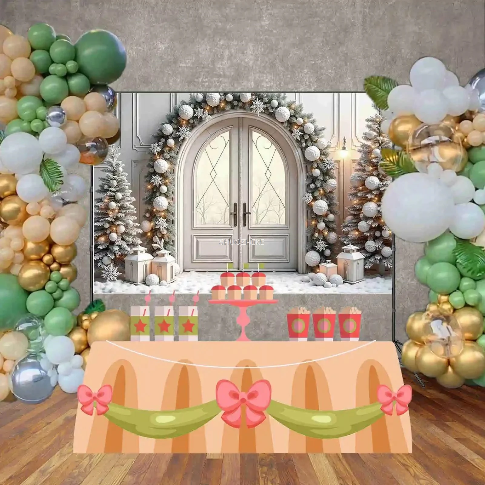 Кирпичный камин, большие рождественские елки, занавеска, розовый фон, подарок, плюшевый мишка, фон для детской фотографии, реквизит для фотостудии