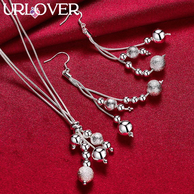 

URLOVER 925 Sterling Silver Classic Beads Necklace Earring Set For Woman Fashion Charm Party Wedding Jewelry Lady Birthday Gifts