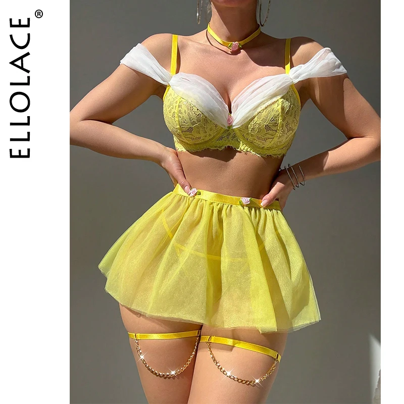 

Ellolace Halloween Lingeries Sexy Hot Cosplay Princess Off Shoulder Bra Thong Skirt 3PC with Choker&Leg Circles Luxury Decor Kit