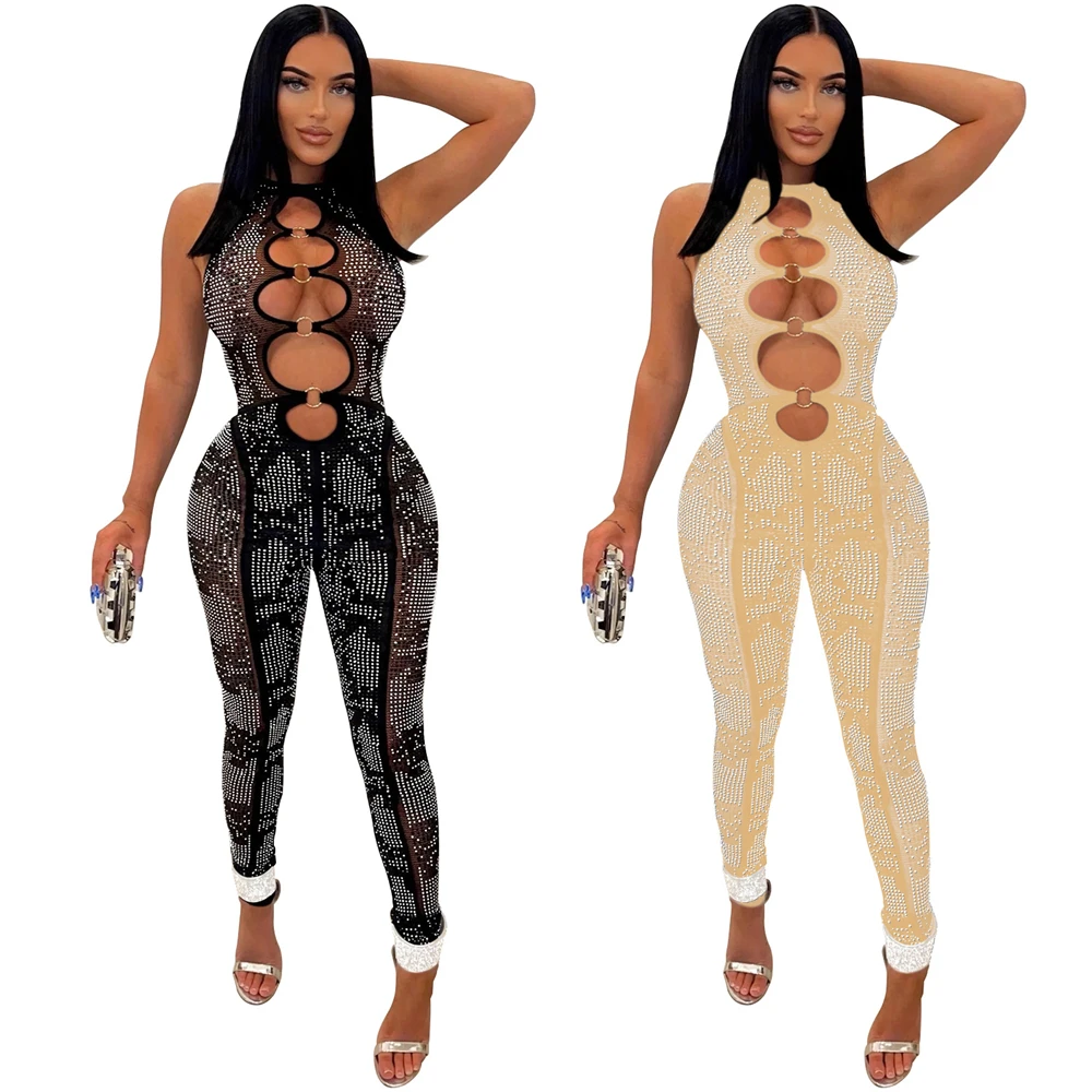 Women Sexy See Through Hot Drilling Bodycon Romper 2022 Fashion Overalls Party Clubwear Mesh Patchwork Cut Out Jumpsuits